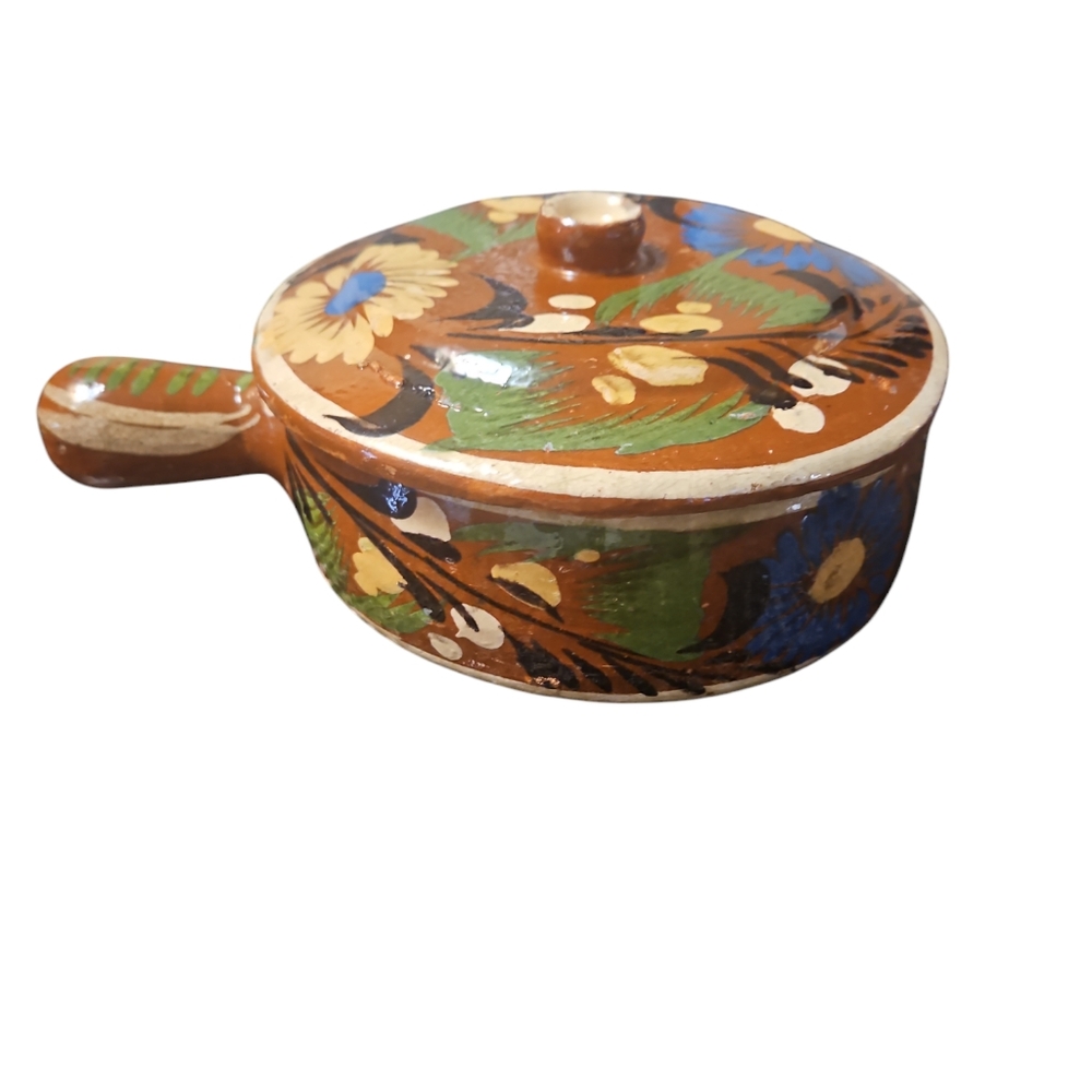 Vintage Handmade Mexican Redware covered dish w/ handle